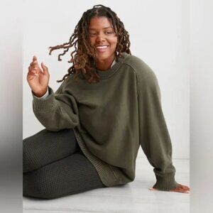 Aerie Down To Earth Crew Sweatshirt Olive Green Oversized Ribbed Small Medium L